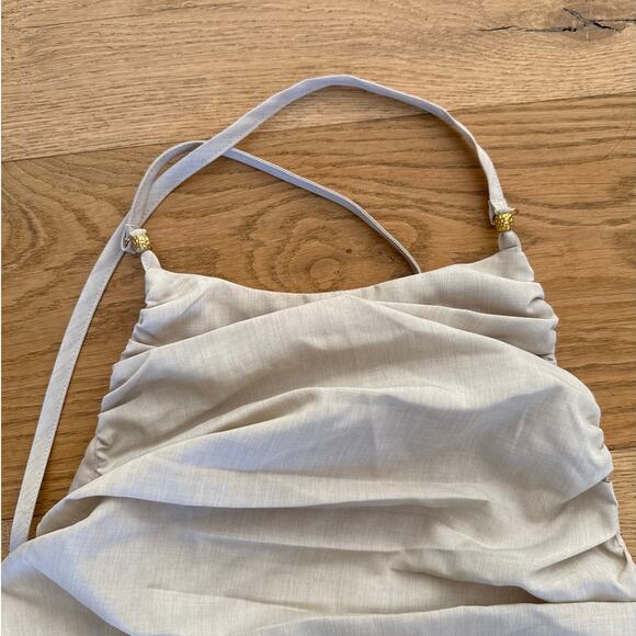 PLT Label - Ruched Puff Hem Strappy Bodycon Mini Dress in Beige - Picture 2 of 7